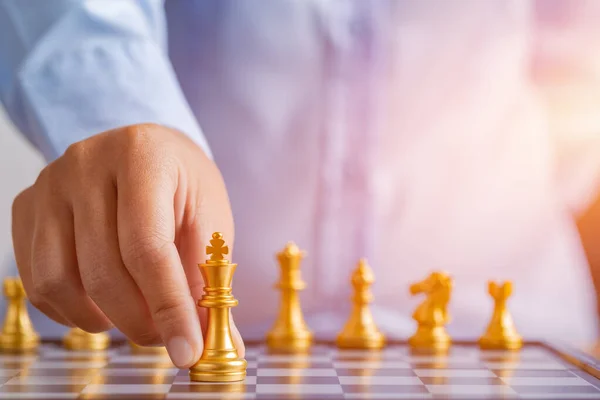 Human Hand Moving Gold Chess King Figure Table Success Management — Fotografia de Stock