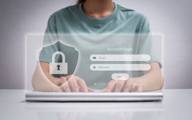 Bilgisayara şifre girmek için erişim penceresi kullanan bir kadın, kullanıcı adı parolası girin giriş yapın, siber koruma, bilgi gizliliği. İnternet ve teknolojinin korunması kavramı.