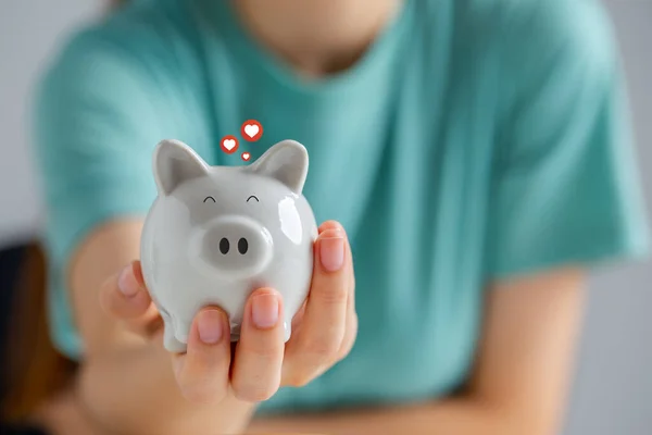 Hand Holding Smiling Happy Piggy Bank Money Saving Money Wealth — Stock Photo, Image