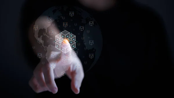 Blockchain ağı bağlanıyor. El teması zincir bağlantısı finansal teknoloji sanal gerçeklik.