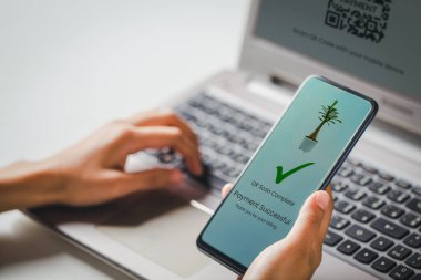 Alışveriş yapan kişi bilgisayardaki QR kodlarını taramak için akıllı telefon kullanıyor. Ürünlere internet bankacılığı yoluyla ödeme kavramı.