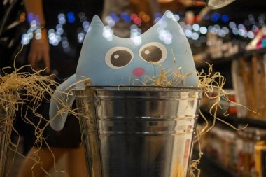 Lambaların altında vitrindeki sevimli mavi kedi