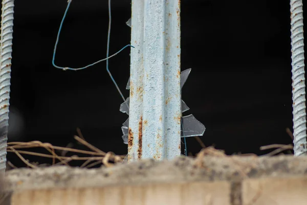 Old Broken Window White Metal Grill Rust — Stock Photo, Image