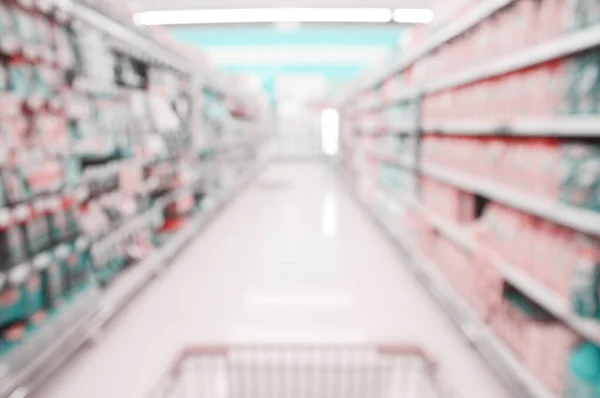 Blurred Background Consumption Shelves Shopping Cart Supermarket Out Focus Banner — Stock Photo, Image