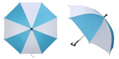 Mavi ve beyaz şemsiye beyaz arka planda izole edilmiş. Şemsiye seti.