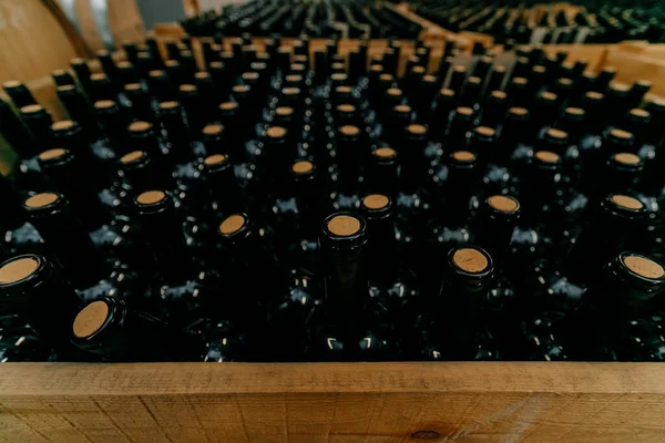 Wine Cellar Many Wine Bottles Wooden Crane High Quality Photo — Stok Foto