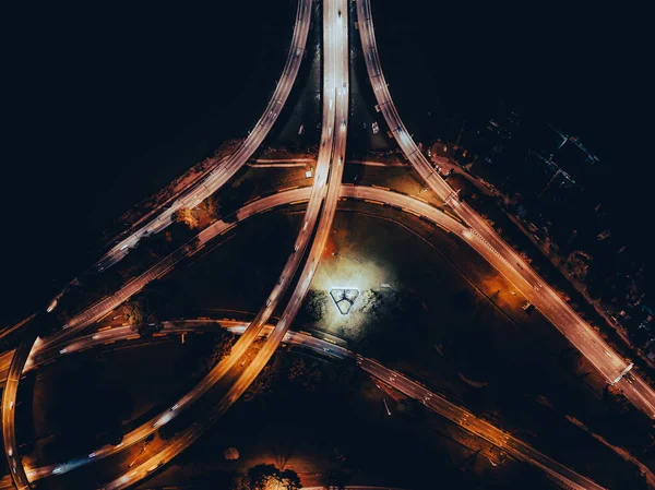 Night Top View Bridge Road Junction Illuminated Road Lights — Stock Photo, Image