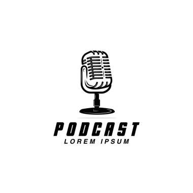 Podcast logo tasarımı, mikrofon, müzik, antika mikrofon vektör şablonu simgeleri