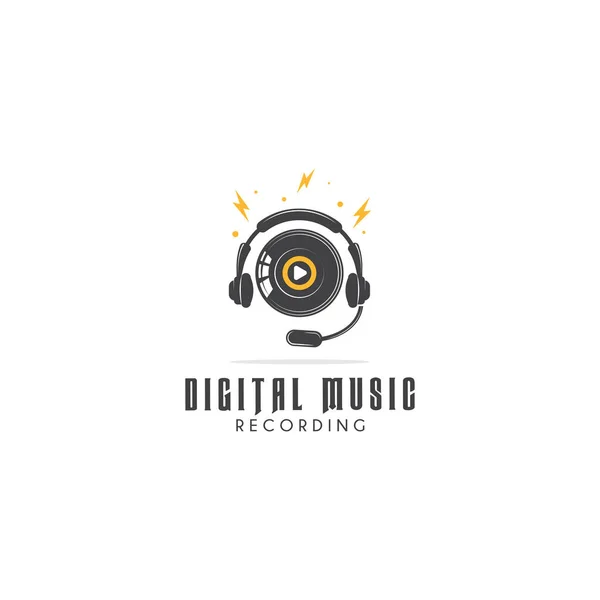Diseño Logotipo Grabación Música Digital Casete Disco Logotipo Auriculares Con — Vector de stock