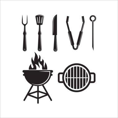 Logo, etiket, simge, amblem, rozet vektör şablonu için ızgara ve duman barbekü setleri, kasap araçları, yangın, bıçak tasarım elementleri