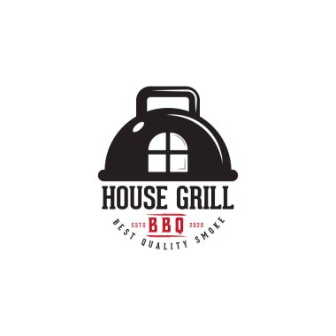 Izgara ve ev sembolü logo konsepti, ev ızgara logosu tasarımı, eşsiz logo, barbekü, şiş, vektör şablonu damgası.