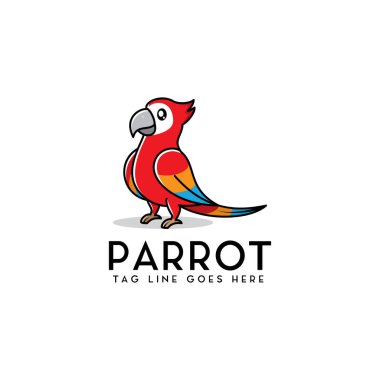 Şirin papağan logosu tasarımı, renkli kuş vektör çizimi, karikatür, simge, maskot, modern, beyaz arkaplan
