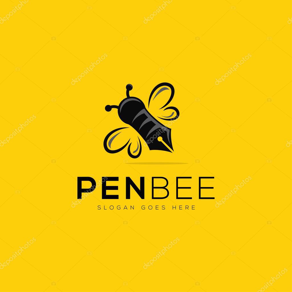 Pen bee logo design, modern pen tools idea logo, simple conceptual logo, icon, vector template on yellow background