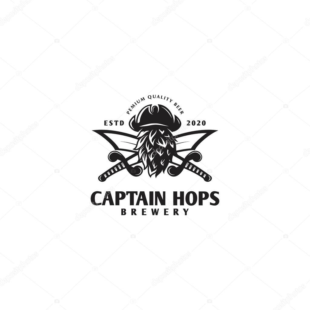 pirate hat with hops logo inspiration, captain hops logo design, vintage, brewery, vector