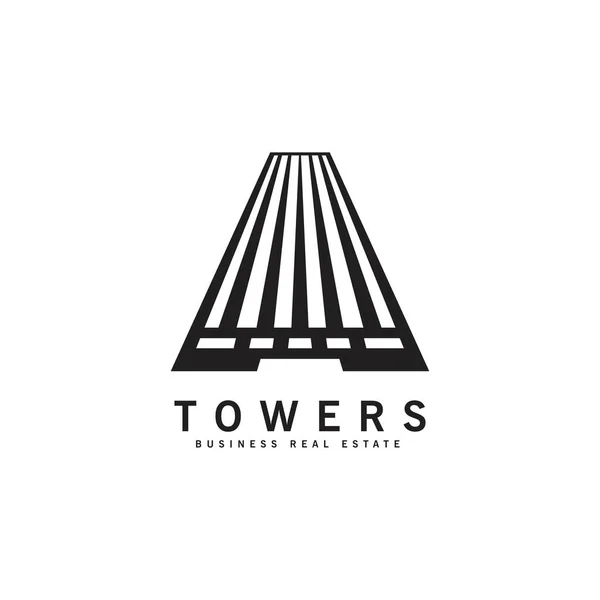 不動産タワーロゴデザインシルエットシティタワー建築ベクトルテンプレートビジネス用不動産ロゴアパートスカイラインアイコン — ストックベクタ