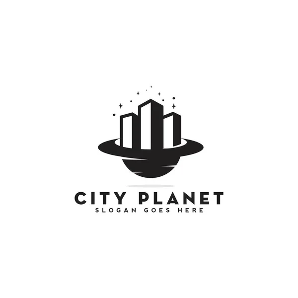 Diseño Creativo Del Logotipo Del Planeta Ciudad Rascacielos Silueta Espacio — Archivo Imágenes Vectoriales