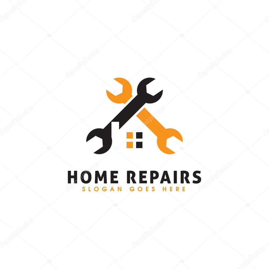 simple wrench with house logo design, home repairs logo, business reparation real estate vector template