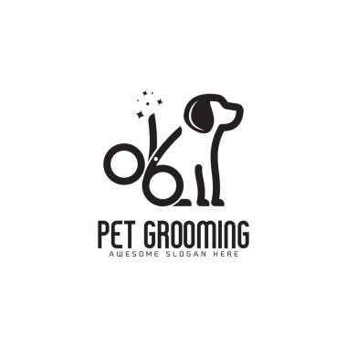 Köpek logosu tasarımı ile yaratıcı basit makas, doğrusal stil modern vektör şablonu simgesi içinde hayvan tımar logosu konsepti