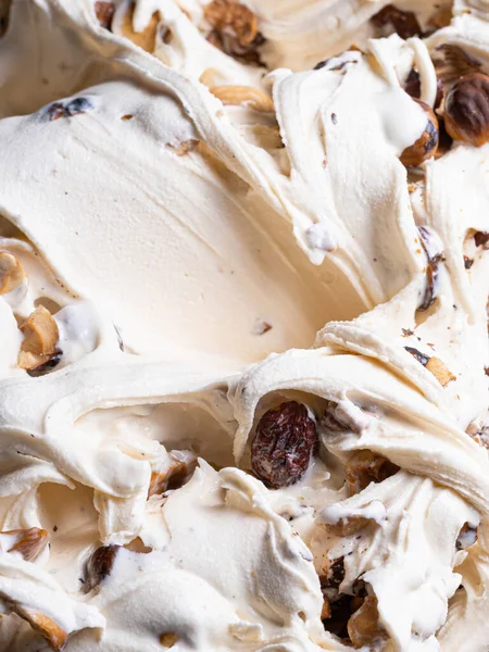 Gefrorene Haselnuss Aroma Gelato Vollständiges Rahmendetail Nahaufnahme Einer Weißen Cremigen — Stockfoto