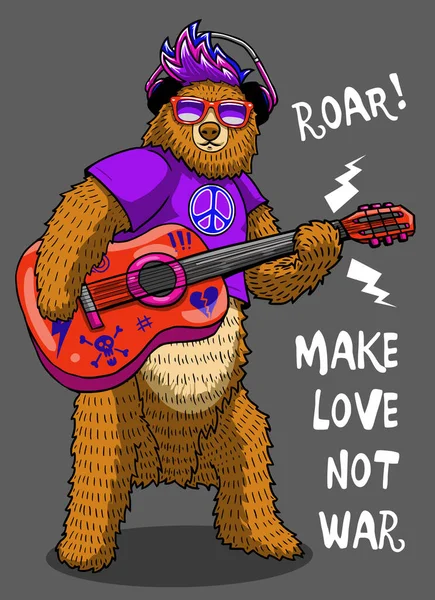 Cool Bear Playing Guitar Character Illustration Shirt Hoodies — Stok Vektör