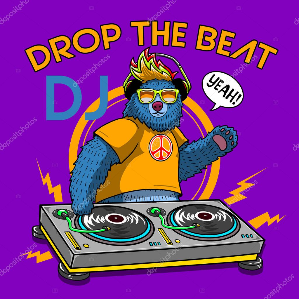 Dj bear partying illustration t-shirt graphic design