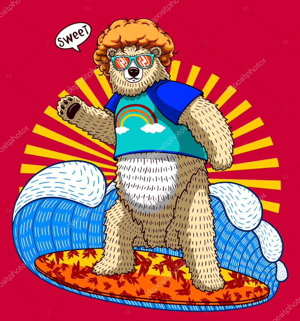Cool surfing bear illustration graphic print