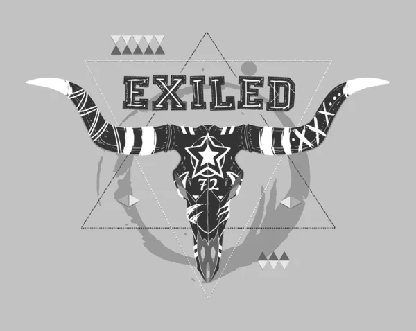 Exiled Long Horn Illustration Tee Graphic Wall Art Print Design — Vector de stock