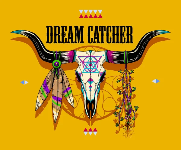 Dram Catcher Long Horn Illustration Tee Graphic Wall Art Print — Stock Vector