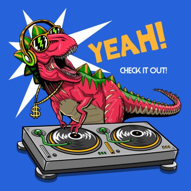 wild dj dino digitally hand drawn illustration tee print wall art graphic design