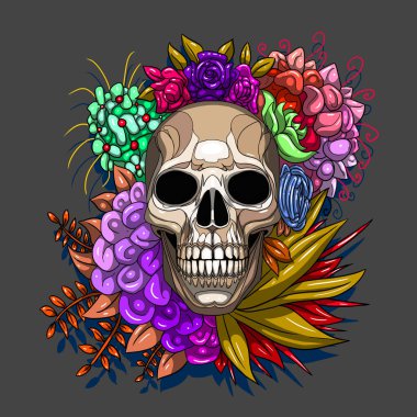 Çiçekli kafatası. Dövme için klasik tarz. vektör illüstrasyonu tee grafik duvar sanatı ev tekstil kartpostal yazdırma etiketi tasarımı