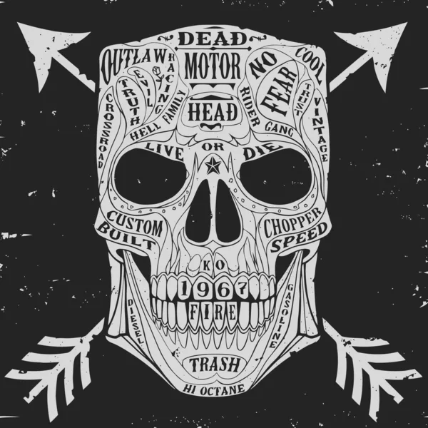 Calavera Dibujada Mano Con Tatuaje Grunge Vintage Áspero Negro Vector — Vector de stock