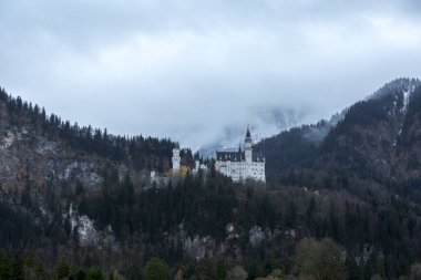 Neuschwanstein Şatosu 'nun sonbahar kış ormanlarında sis ve bulutlarla gösterişli manzarası