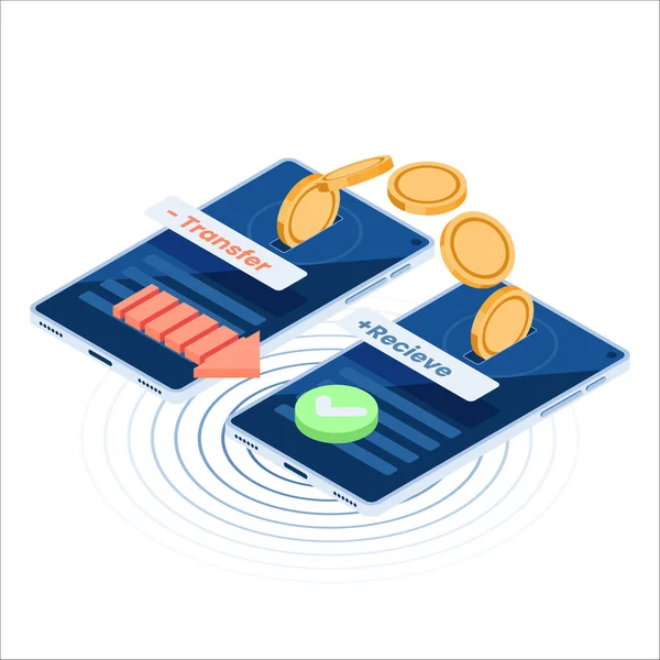 Flat Isometric Money Transfer Internetového Bankovnictví Jiného Smartphonu Koncepce Převodu — Stockový vektor