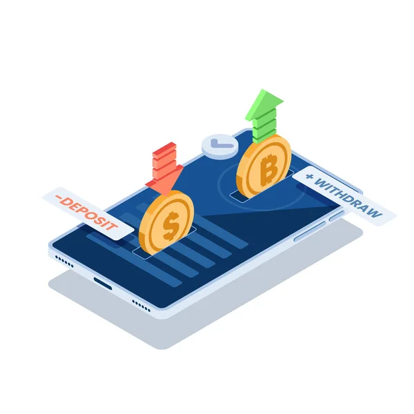 Flat Isométrico Cambio Moneda Dólar Bitcoin Criptomoneda Aplicación Smartphone Concepto — Archivo Imágenes Vectoriales