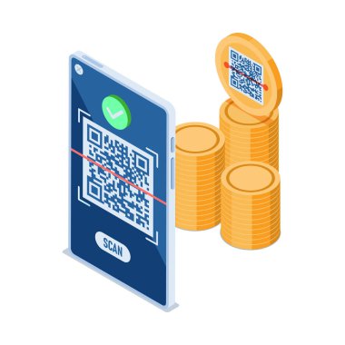 Flat 3d Isometric Smartphone QR Tarayıcı Ödeme Kodu. QR Kod Ödeme Kavramı.