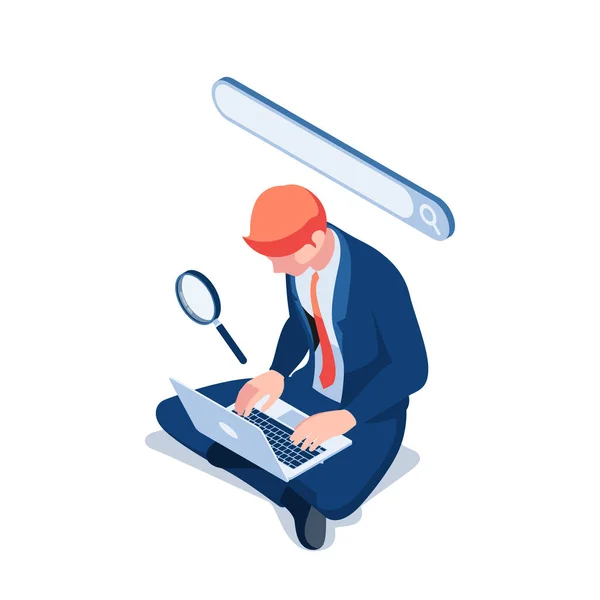 Flat Isometric Homme Affaires Utilisant Site Web Moteur Recherche Pour — Image vectorielle