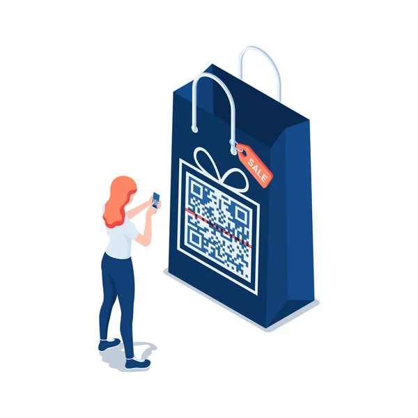 Flat Isometric Woman Scan Code Shopping Bag Conceito Pagamento Código — Vetor de Stock