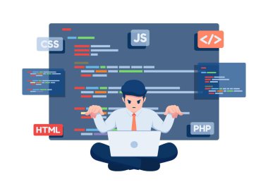 Düz 3D Isometric İşadamı Dizüstü bilgisayardan Kodlamaya Programcı olarak çalışıyor. Yazılım Geliştirme Kavramı.
