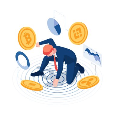 Süper Kahraman İniş Pozisyonunda 3D Isometric İşadamı Bitcoin ve Kripto Para ile. Kripto Para Yatırım Uzmanı.