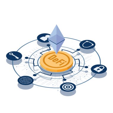 Düz 3d Isometric Ethereum Altın Para Dışarıdaki Güvenlik Simgesi 'ne indirildi. DeFi Yerel Finans ve Engelleme Teknolojisi Uzmanlığı