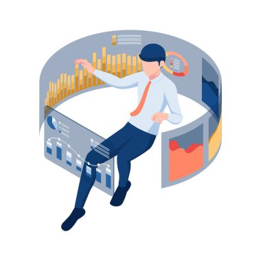 Flat 3d Isometric İşadamı Yüzüyor ve Sanal İş Grafiğini Analiz Ediyor. İş Analizi ve Mali Konsept.