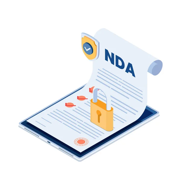 Flat Isometric Nda Document Shield Lock Digital Tablet Non Disclosure — Stock Vector