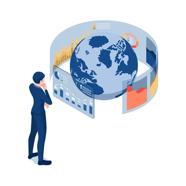 Flat Isomtric Businessman Analysis World Business Data Inglés Análisis Económico — Vector de stock