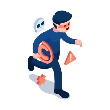 Flat 3d Isometric Thief Stole Copyright Symbol and Running Away. Intellectual Property and Copyright Infringement Concept.
