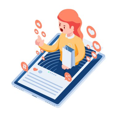 Flat 3d Isometric Kadın Etkisi Üreticisi Sosyal Medya Ürünlerini Destekliyor. Sosyal Medya ve Etkilenen Pazarlama Kavramı.