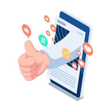 Smartphone 'dan Sosyal Medya Simgesi ile Üç Boyutlu Patlak Parmak Kalkma Hareketi. Sosyal Medya Bağlantısı Konsepti.