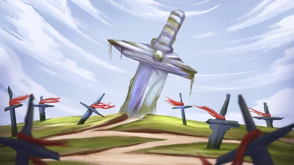 Landscape Giant Broken Sword Hill Surrounded Grave Concept Art Illustration — Stock Photo, Image