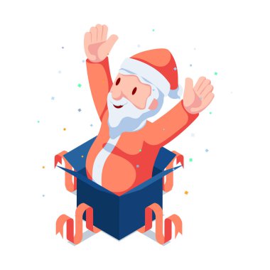 Siyah hediye kutusundan çıkan 3D Isometric Noel Baba. Noel Satışı Konsepti.