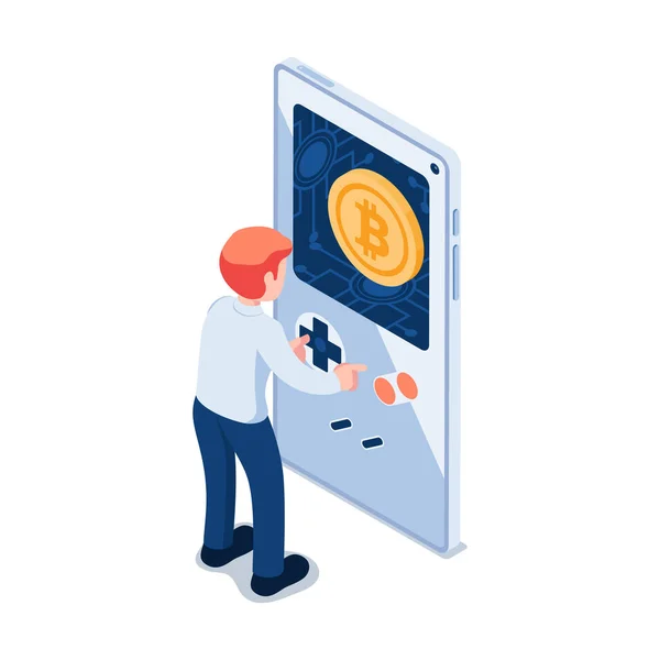 Byt Izometrický Podnikatel Hrát Hry Smartphone Vydělat Bitcoin Zahrajte Vydělat — Stockový vektor