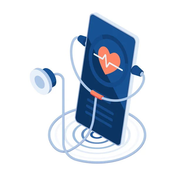 Flat Isometric Stethoscope Smartphone Heart Pulse Telemedicine Online Medical Consultation — Stock Vector